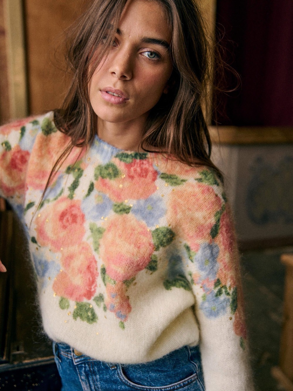 Sézane Malory Mohair Wool Pastel Roses Gold Flecked Sweater L Whimsy Boho Fall